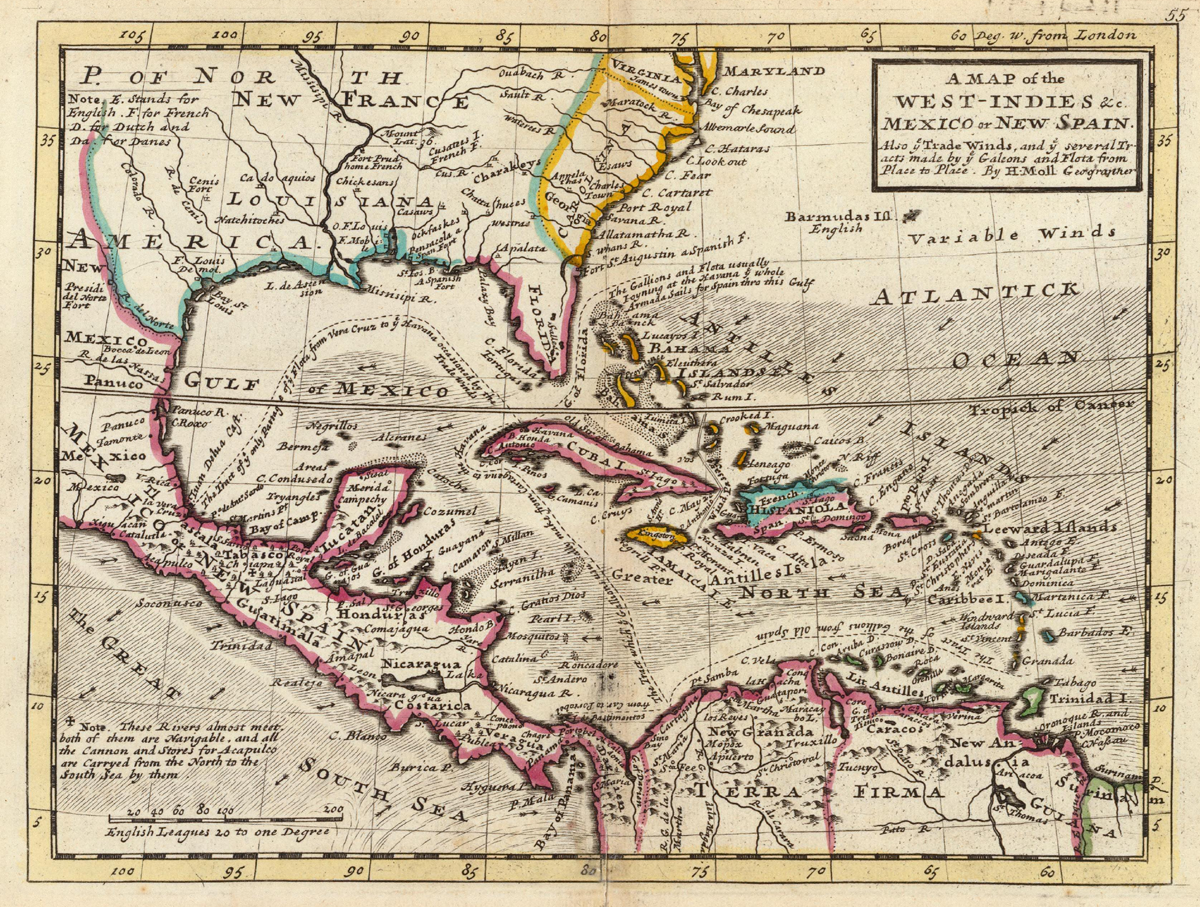 "A Map of the West-Indies & Mexico or New Spain." By H. Moll (1736). Note the appearance of Suriname on the bottom right, outlined in green as with the other Dutch colonies at the time, such as the Dutch Antilles and Trinidad.
