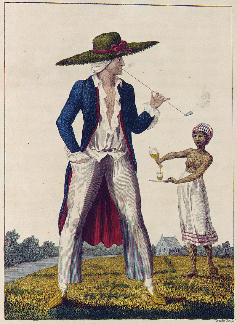 "A Surinam Planter in his Morning Dress." Engraving by William Blake, published in John Gabriel Stedman's Narrative of a five years expedition against the revolted Negroes of Surinam (1796)