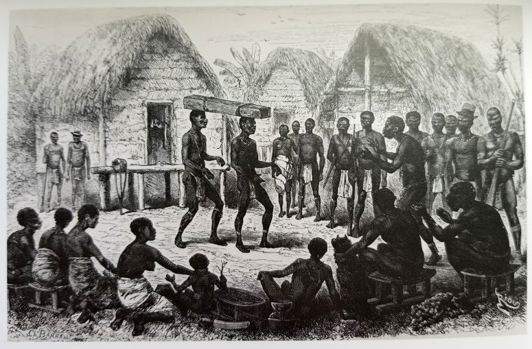 "Many African customs were kept in place by the slaves. Depicted here: searching for a 'guilty' party responsible for the death of a fellow companion, by carrying around their corpse which will eventually point them out." From Albert Helman's Avonturen aan de Wilde Kust (1982).