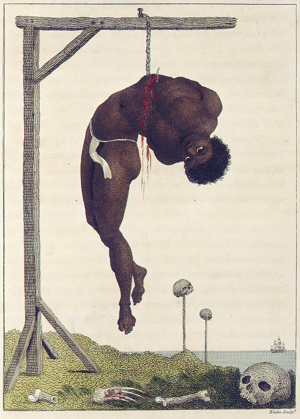 "A Negro Hung Alive by the Ribs to a Gallows," by William Blake, originally published in John Gabriel Stedman's Narrative of a five years expedition against the revolted Negroes of Surinam (1796)