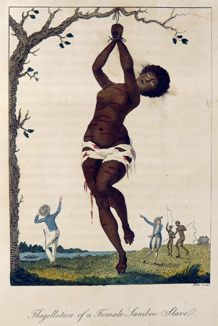 "Flagellation of a Female Samboe Slave," by William Blake, originally published in John Gabriel Stedman's Narrative of a five years expedition against the revolted Negroes of Surinam (1796)