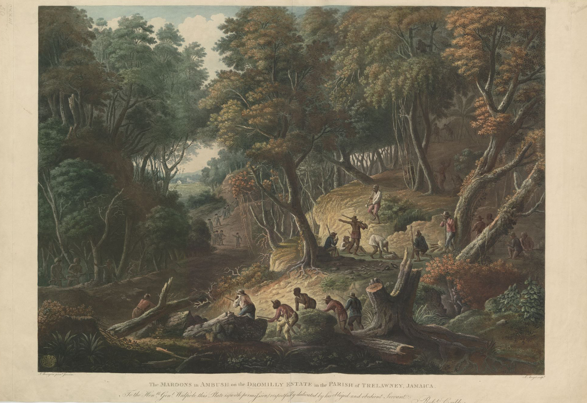 "The Maroons in Ambush on the Dromilly Estate in the Parish of Trelawney, Jamaica." By François Jules Bourgoin (1801).