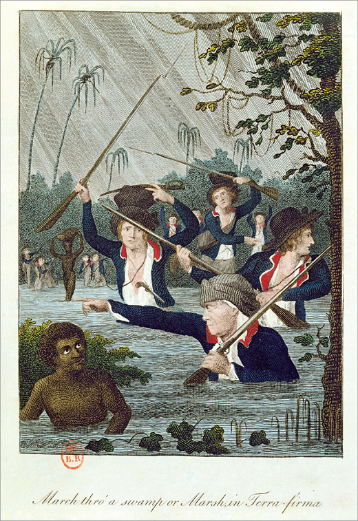 "March thro' a swamp or Marsh in Terra-firma" by William Blake, originally published in John Gabriel Stedman's Narrative of a five years expedition against the revolted Negroes of Surinam (1796)