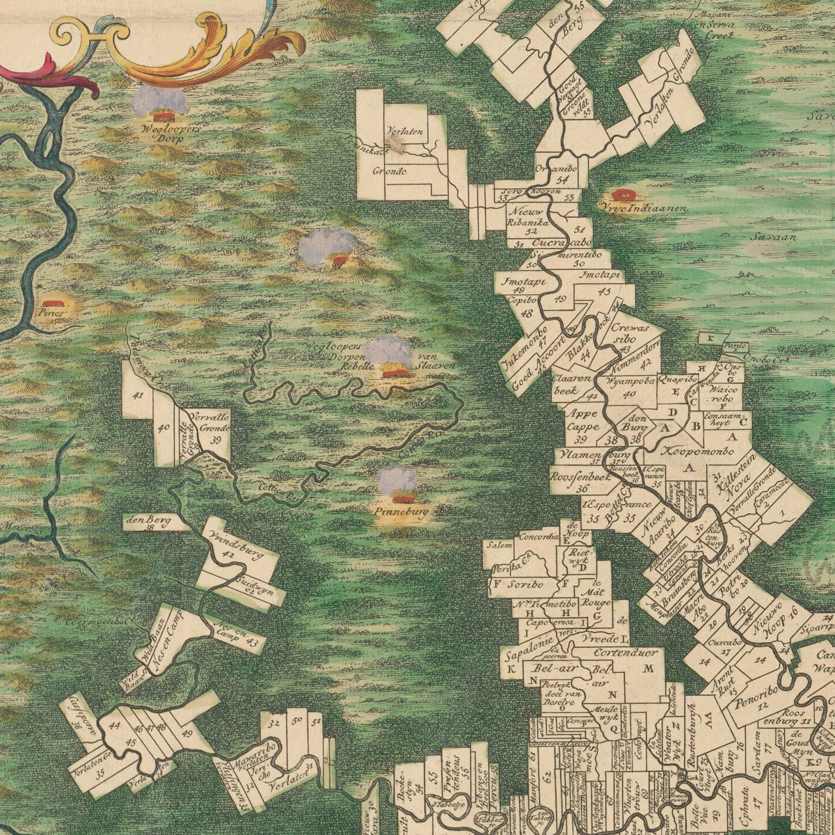 Detail from map: Algemene kaart van Suriname, Alexander de Lavaux, 1757 version.Shown here burnt down "runaway villages of rebel slaves."