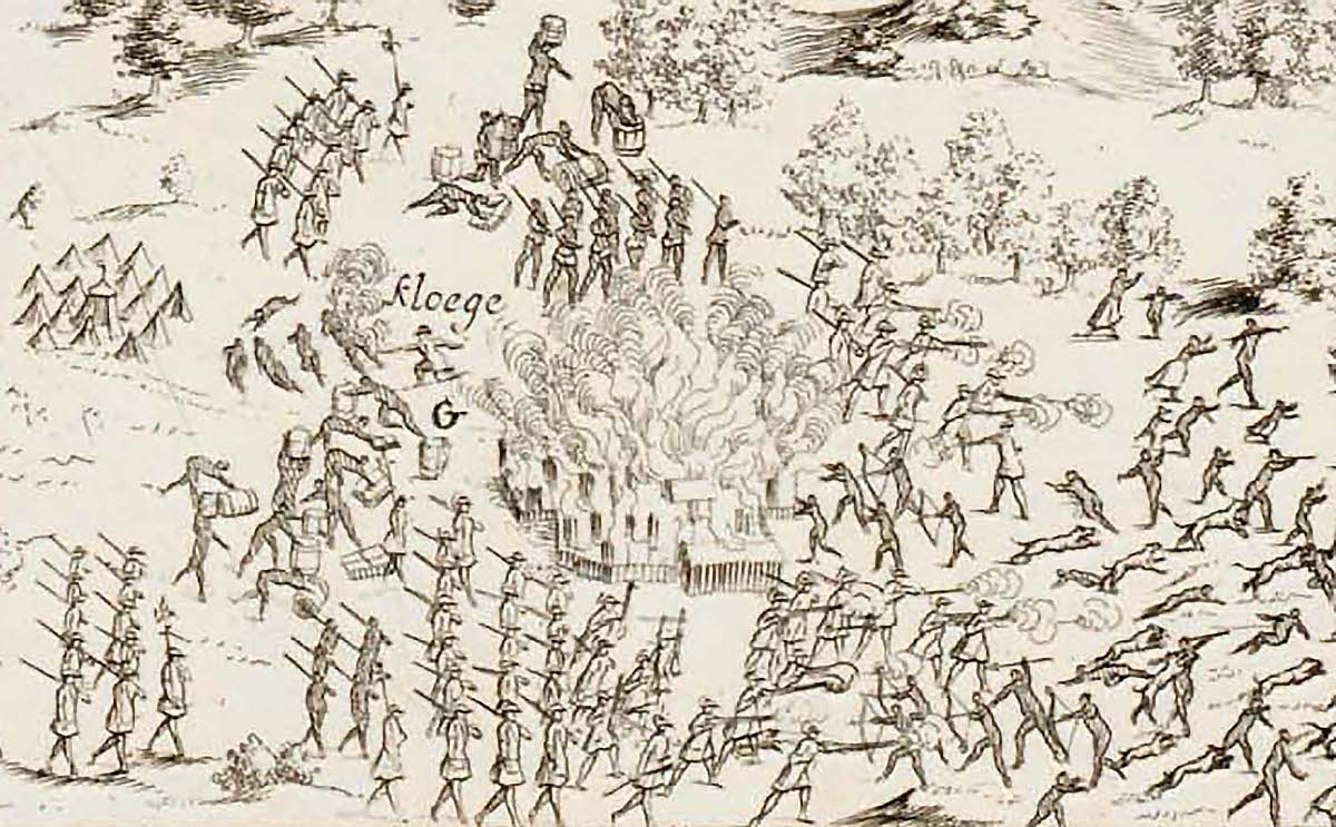 Battle scene between Dutch soldiers and Maroons around a burnt down settlement. Detail from map: Generale caart van de provintie Suriname, Alexander de Lavaux, 1737 version.