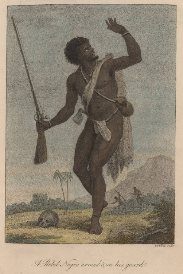 "A Rebel Negro armed is on his guard" by William Blake, originally published in John Gabriel Stedman's Narrative of a five years expedition against the revolted Negroes of Surinam (1796)
