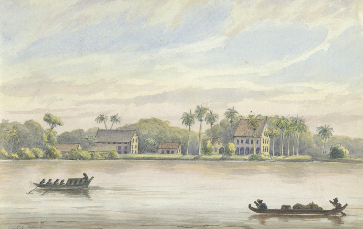 View of the Frederiksdorp coffee plantation from the Commewijne river. Album met tekeningen van Suriname, Rijksmuseum.